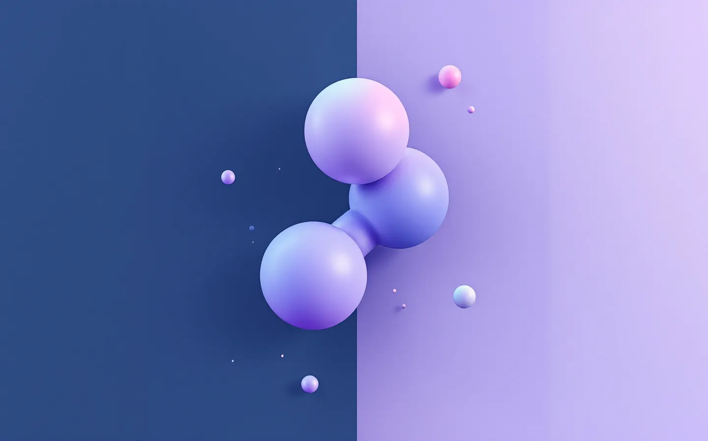 A flat two-plane split illustration of an abstract Lys-Pro-Val tripeptide chain in lavender, sky-blue and mint beads straddling a seam between a deep ink plane and a cool lavender plane